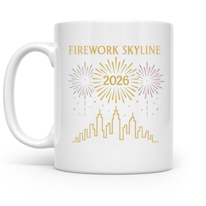 Tailorly White Ceramic 11 oz Mug - Firework Skyline 2026 Exploding Brilliant Fireworks Illuminating The Urban Night Above A Minimalist City Skyline
