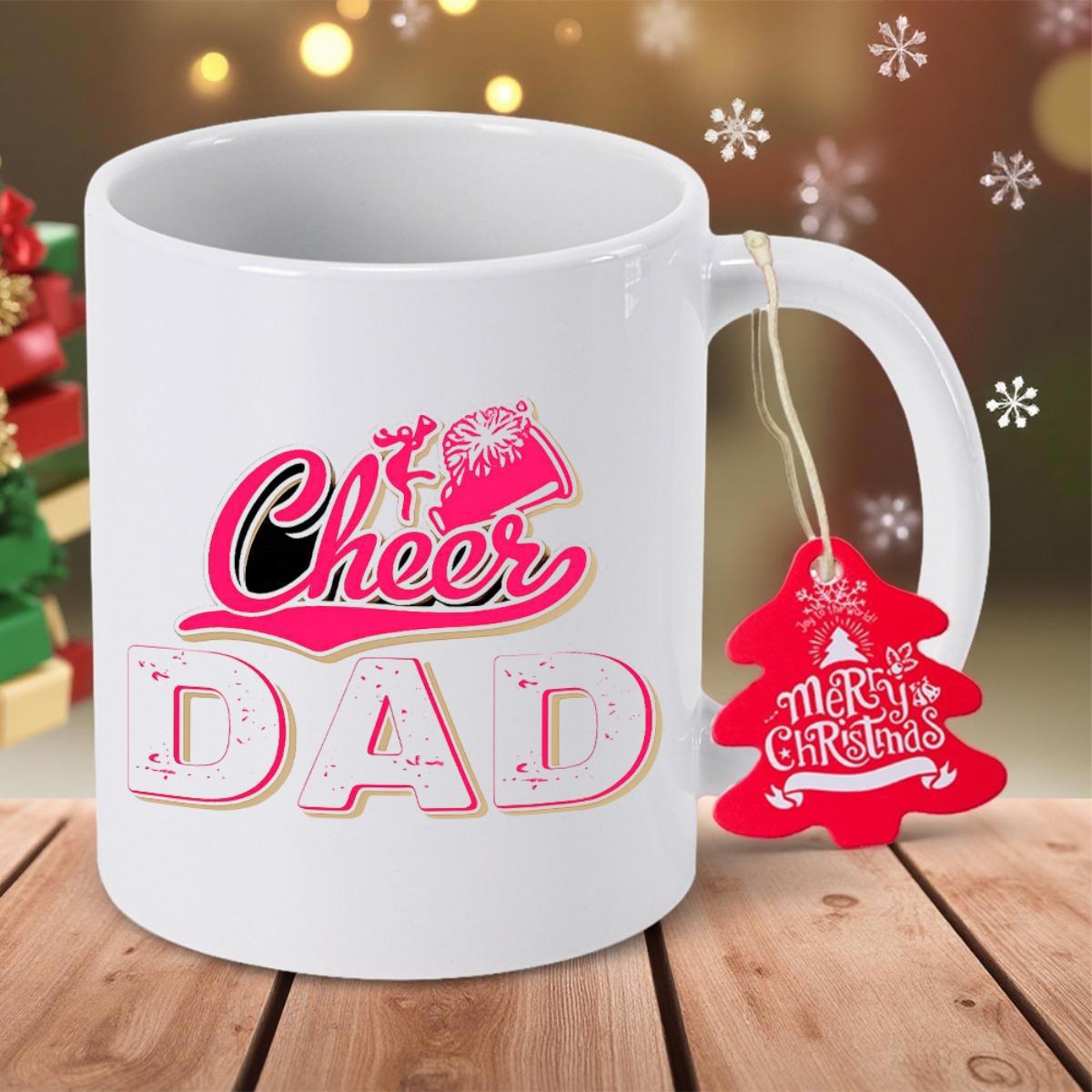 Tailorly White Ceramic 11 oz Mug - Cheer Dad Stylized Pink Script Lettering Featuring A Silhouetted Cheerleader With Large Block Letters Mug