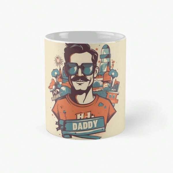 Tailorly White Ceramic 11 oz Mug - Daddy Stylish Cartoon Character Wearing Sunglasses And Mustache Under Retro Background Man