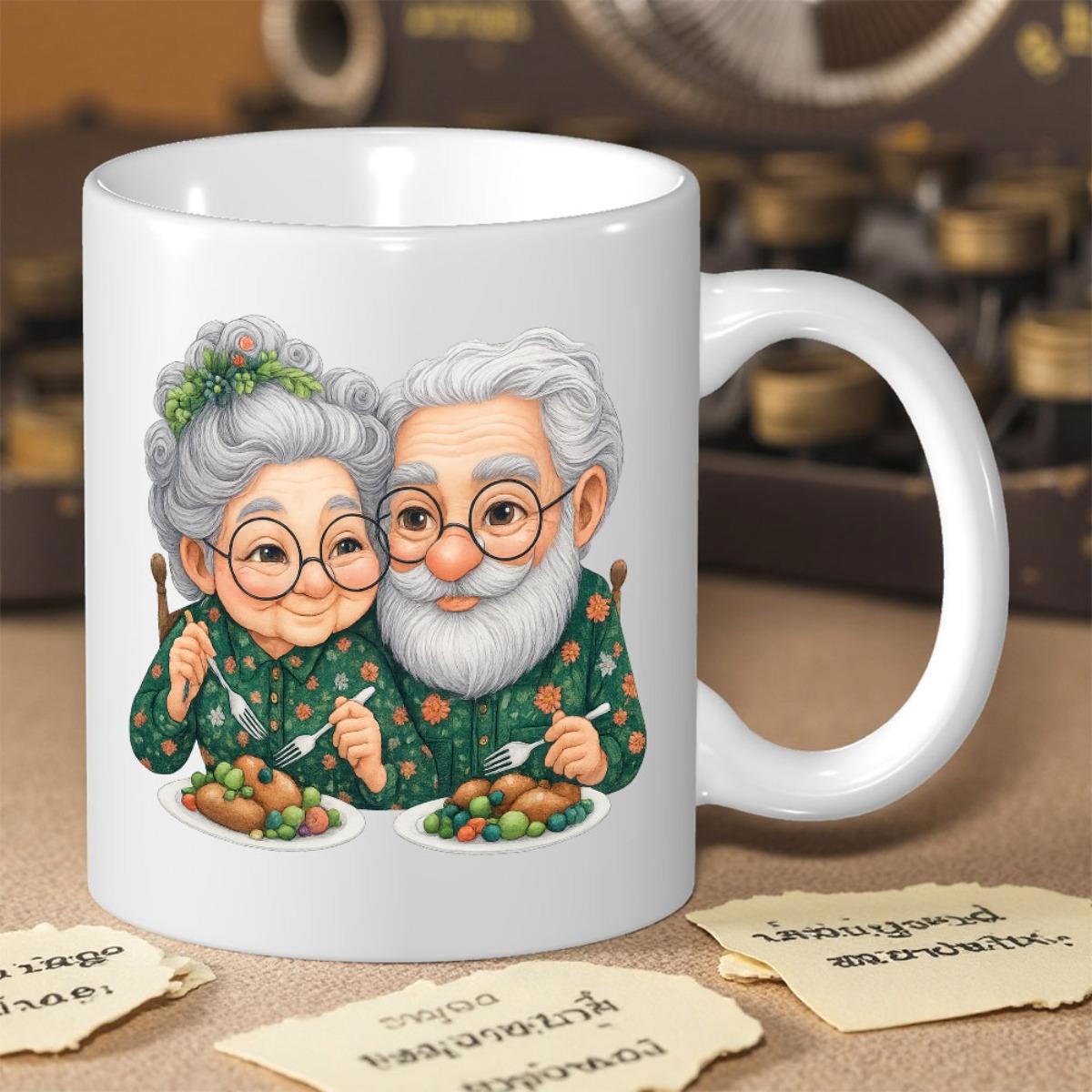 Tailorly White Ceramic 11 oz Mug - Whimsical Cartoon Elderly Pair Sharing A Delicious Meal Together With Smiles Couple