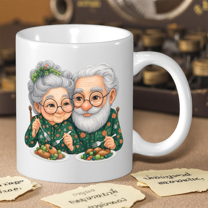 Tailorly White Ceramic 11 oz Mug - Whimsical Cartoon Elderly Pair Sharing A Delicious Meal Together With Smiles Couple