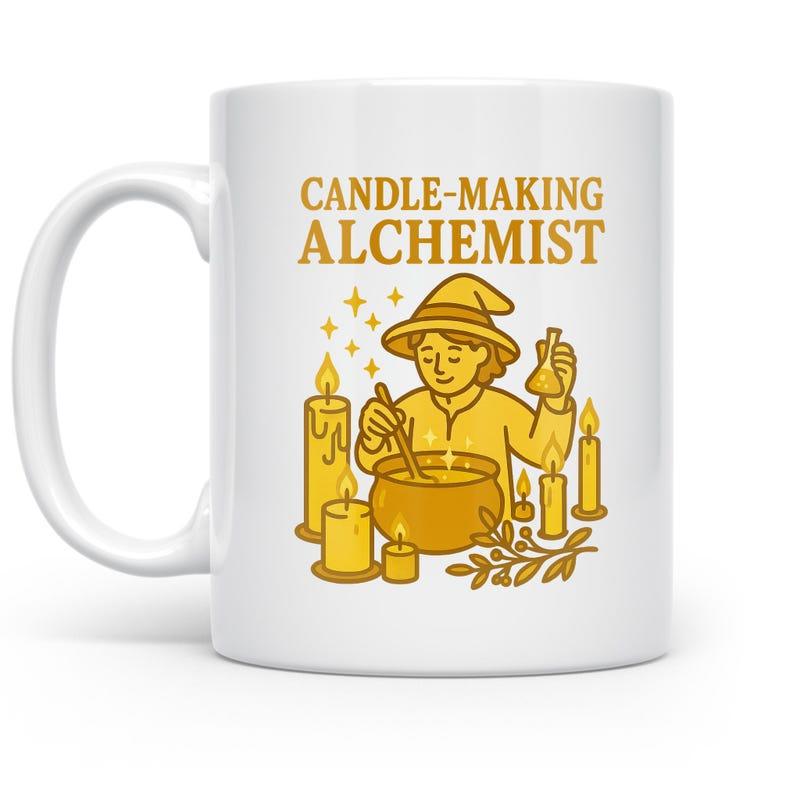 Tailorly White Ceramic 11 oz Mug - Candle Making Alchemist Vintage Wizard Stirring Magic Cauldron With Burning Wax Tapers Alchemist
