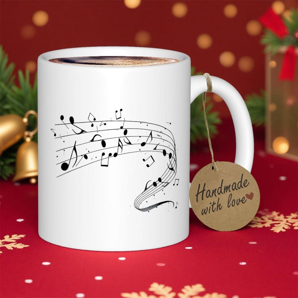Tailorly White Ceramic 11 oz Mug - Elegant Flowing Black Musical Notes Dancing Across A Rhythmic Staff Line Music