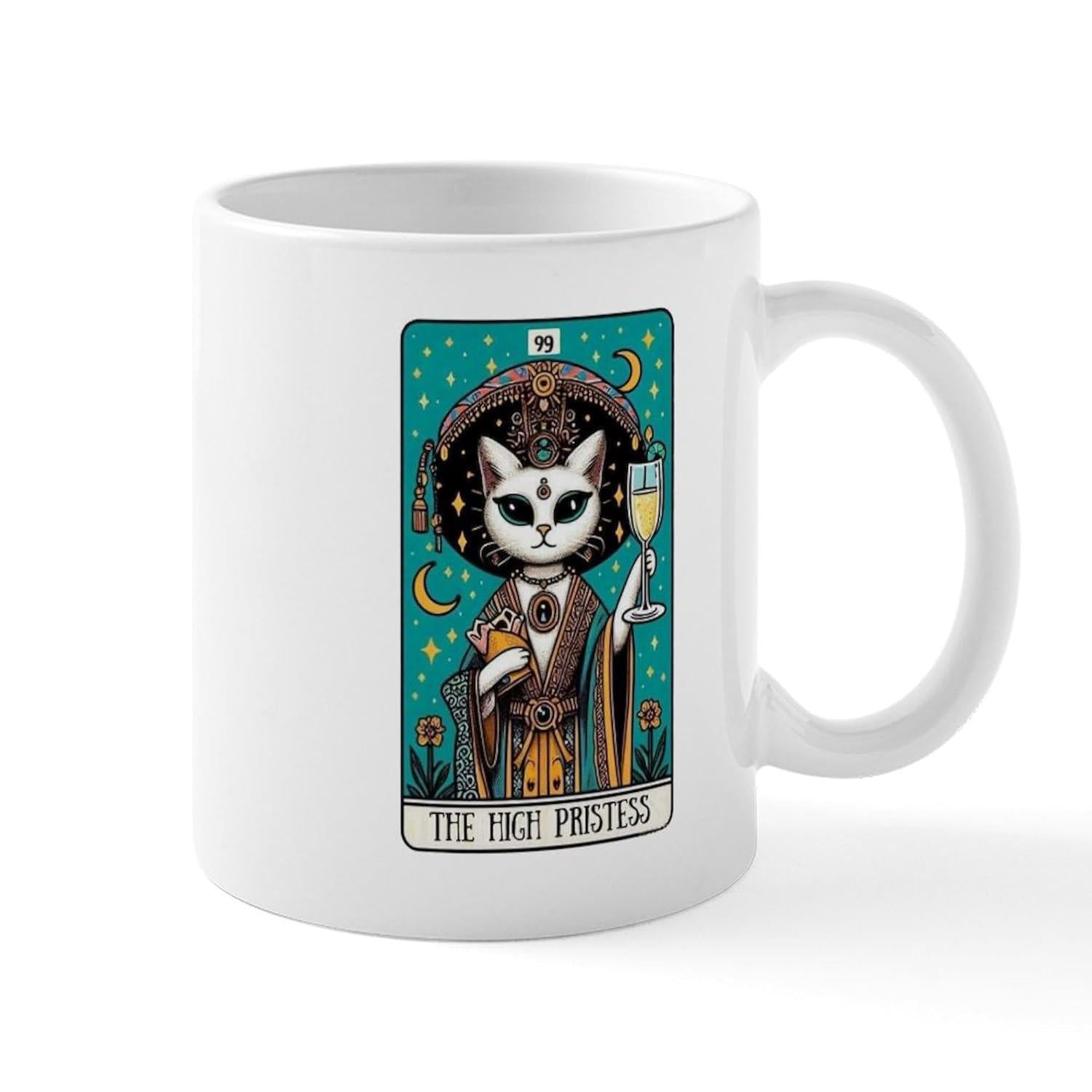Tailorly White Ceramic 11 oz Mug - The High Priestess Mystical White Feline Wearing Sacred Robes Under A Starry Moonlit Night Cat