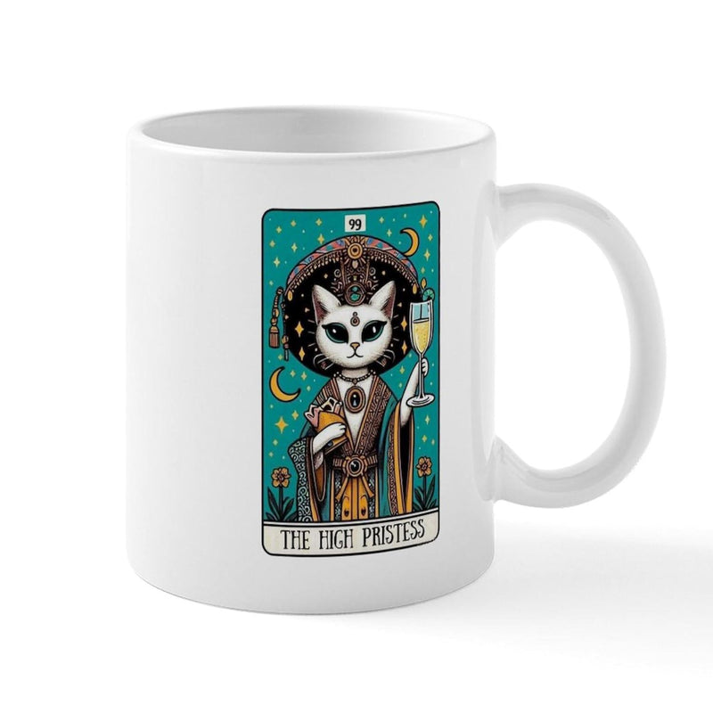 Tailorly White Ceramic 11 oz Mug - The High Priestess Mystical White Feline Wearing Sacred Robes Under A Starry Moonlit Night Cat