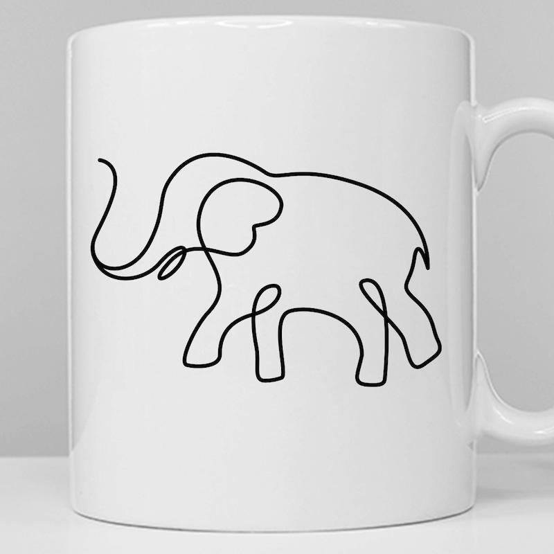 Tailorly White Ceramic 11 oz Mug - Minimalist Continuous Black Line Art Drawing Of A Walking Elephant