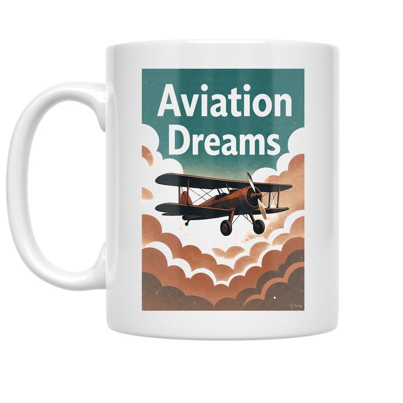 Tailorly White Ceramic 11 oz Mug - Aviation Dreams Vintage Propeller Biplane Soaring Through Stylized Retro Clouds In Teal Sky Airplane
