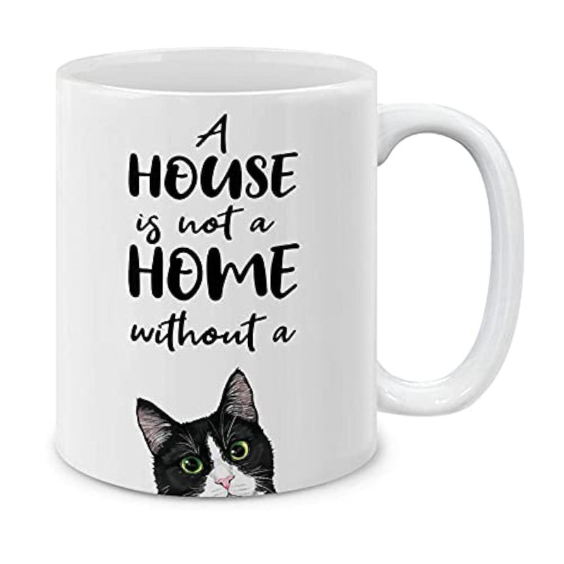 Tailorly White Ceramic 11 oz Mug - A House Is Not A Home Without A Adorable Peeking Tuxedo Feline With Bright Green Eyes Curious Cat