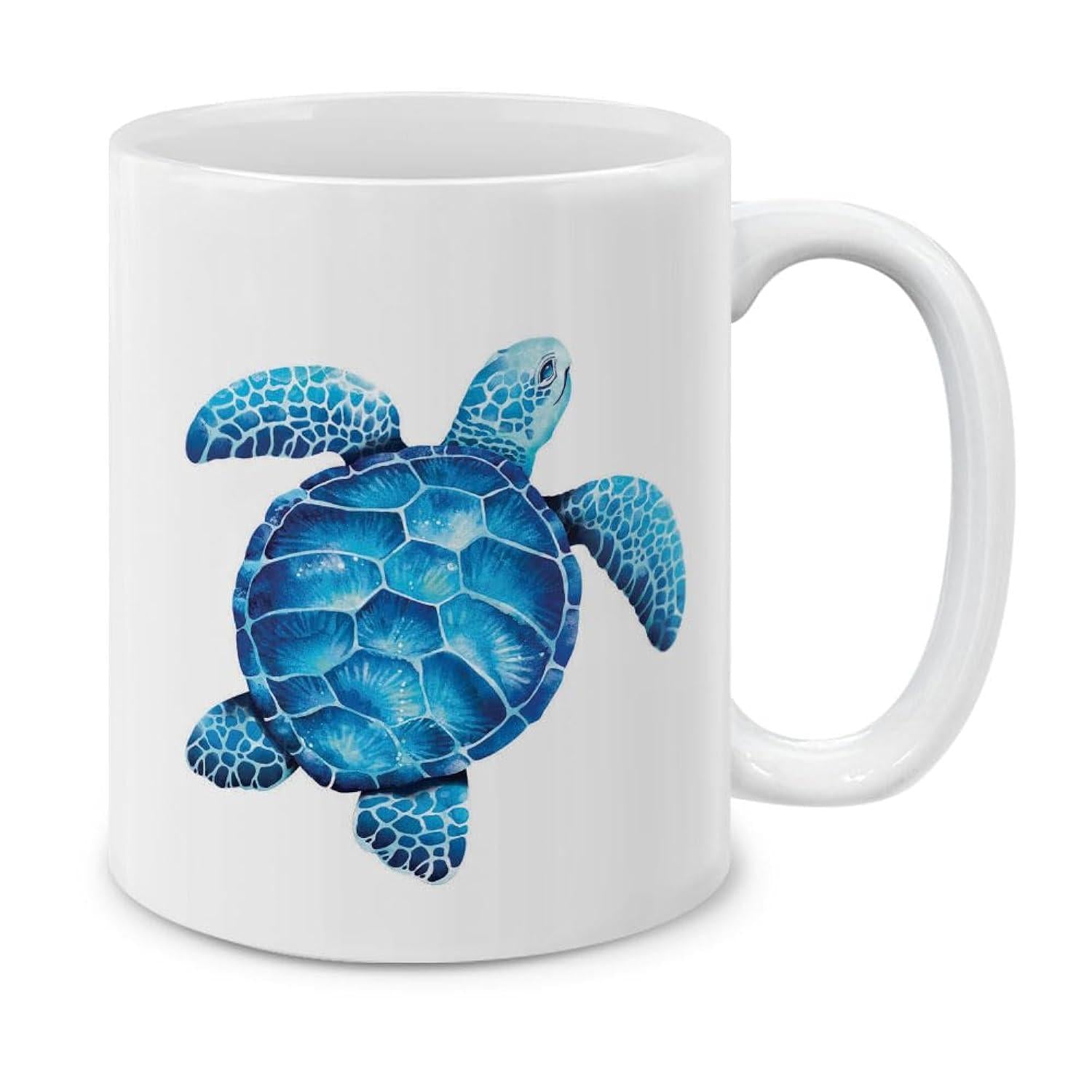 Tailorly White Ceramic 11 oz Mug - Vibrant Blue Watercolor Sea Turtle Swimming In Serene Ocean Waters Turtle