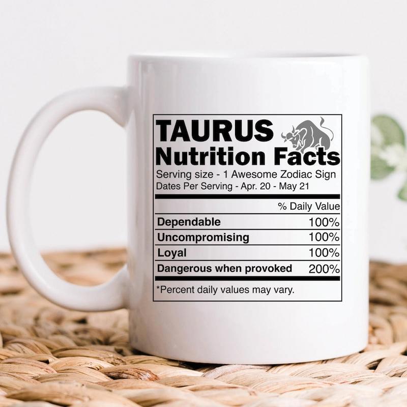Tailorly White Ceramic 11 oz Mug - Taurus Nutrition Facts Minimalist Bull Icon Inside Rectangular Label With Detailed Creative Information Mug
