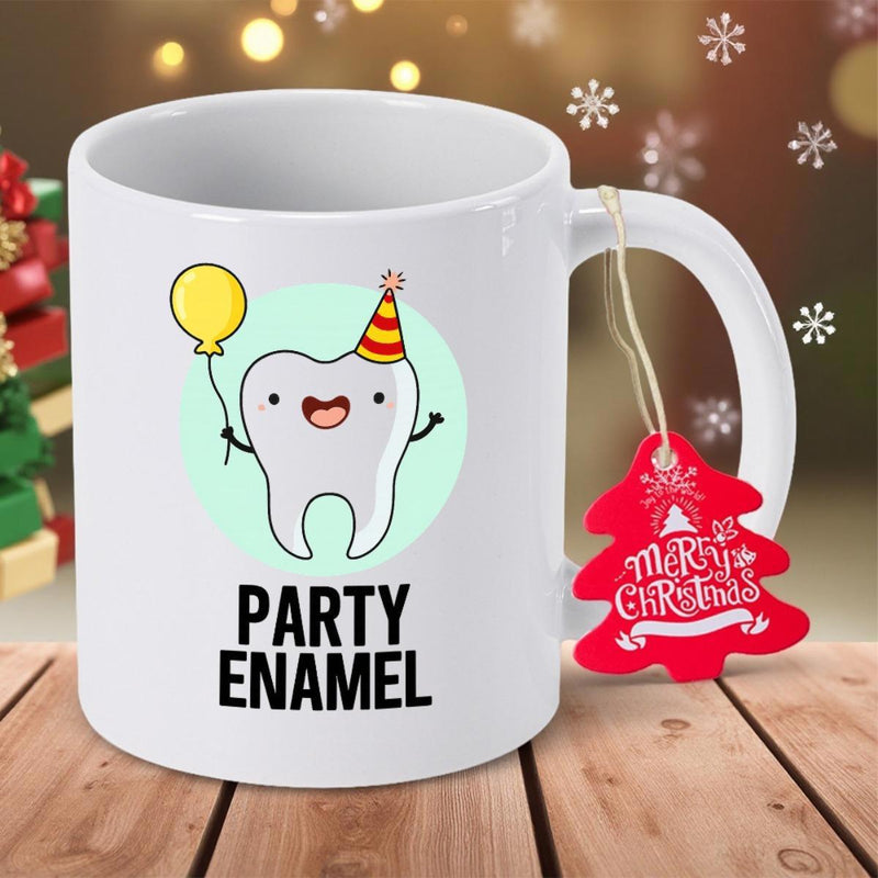Tailorly White Ceramic 11 oz Mug - Party Enamel Cute Smiling Cartoon Character Wearing Party Hat Holding Yellow Balloon Tooth