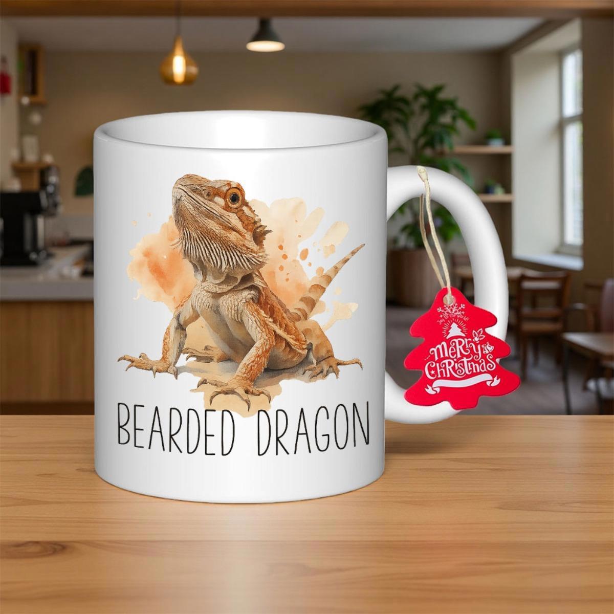 Tailorly White Ceramic 11 oz Mug - Bearded Dragon Detailed Watercolor Illustration Of A Reptile Resting On Sand Dragon