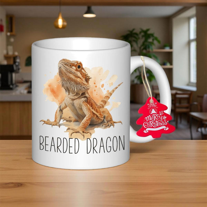 Tailorly White Ceramic 11 oz Mug - Bearded Dragon Detailed Watercolor Illustration Of A Reptile Resting On Sand Dragon