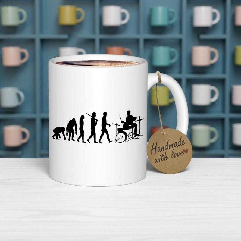 Tailorly White Ceramic 11 oz Mug - Evolution Of Man Transition Silhouette Into A Musician Playing Professional Drum Set Drummer