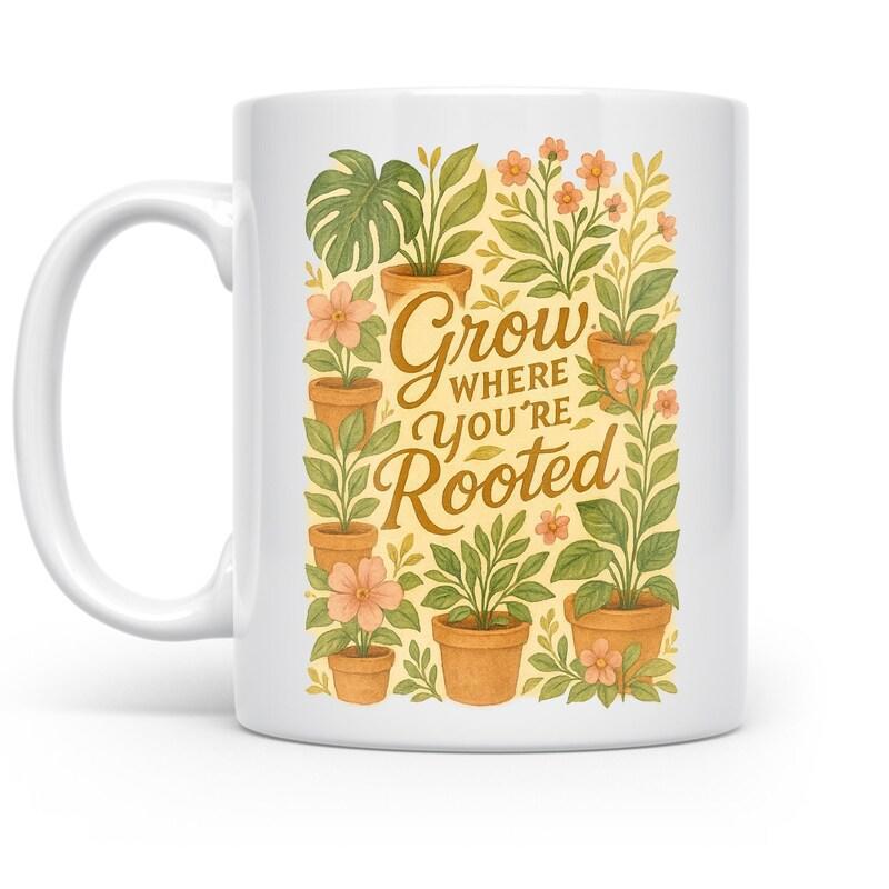 Tailorly White Ceramic 11 oz Mug - Grow Where Youre Rooted Vibrant Potted Greenery With Blossoms In Earthy Terracotta Plant