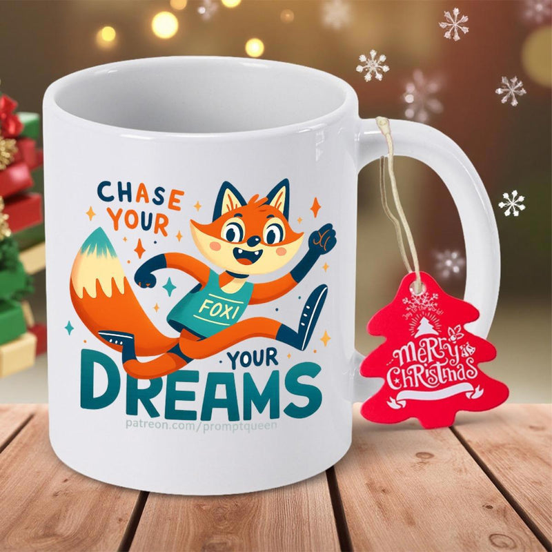 Tailorly White Ceramic 11 oz Mug - Chase Your Dreams Playful Running Cartoon Animal Amidst Sparkling Stars And Whimsical Atmosphere Fox