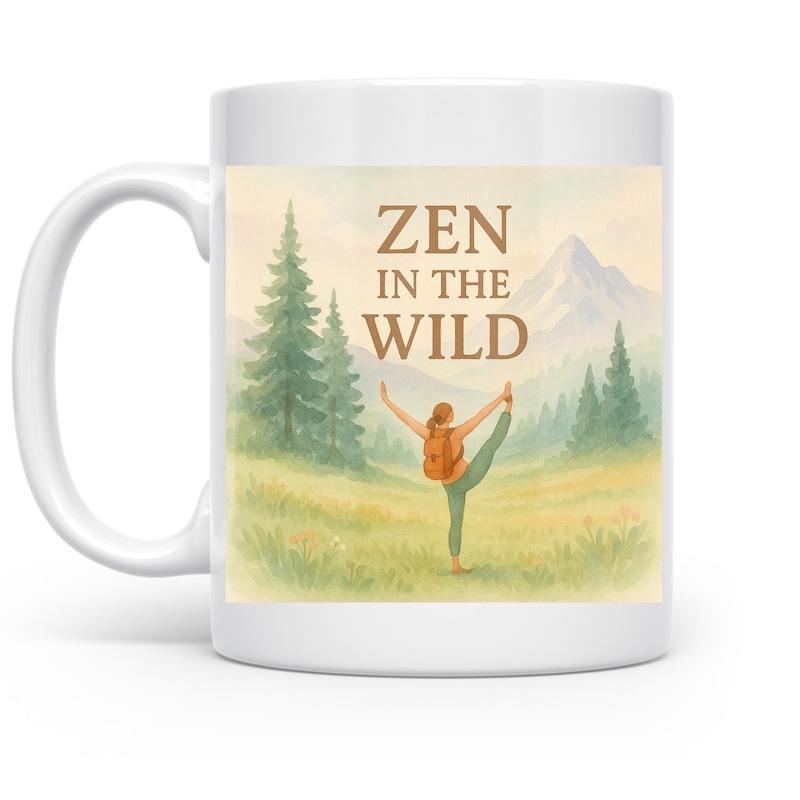 Tailorly White Ceramic 11 oz Mug - Zen In The Wild Serene Mountain Meadow With Pine Trees And A Yoga Posing Woman