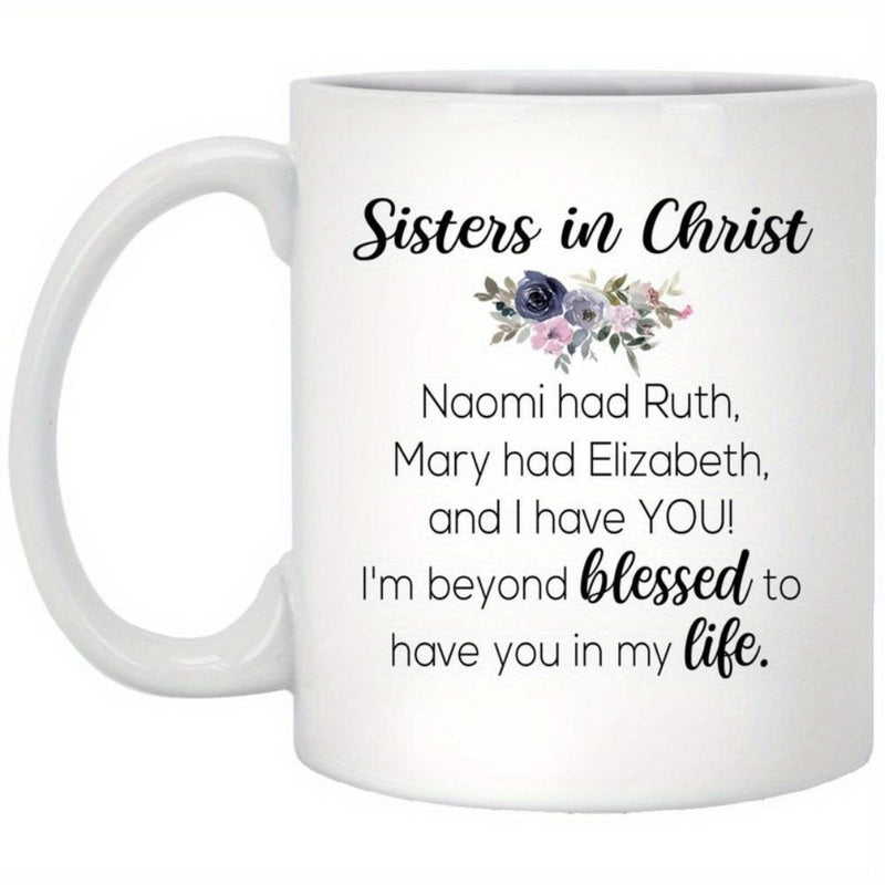 Tailorly White Ceramic 11 oz Mug - Sisters In Christ Delicate Watercolor Floral Bouquet Featuring Soft Purple And Blue Petals Mug