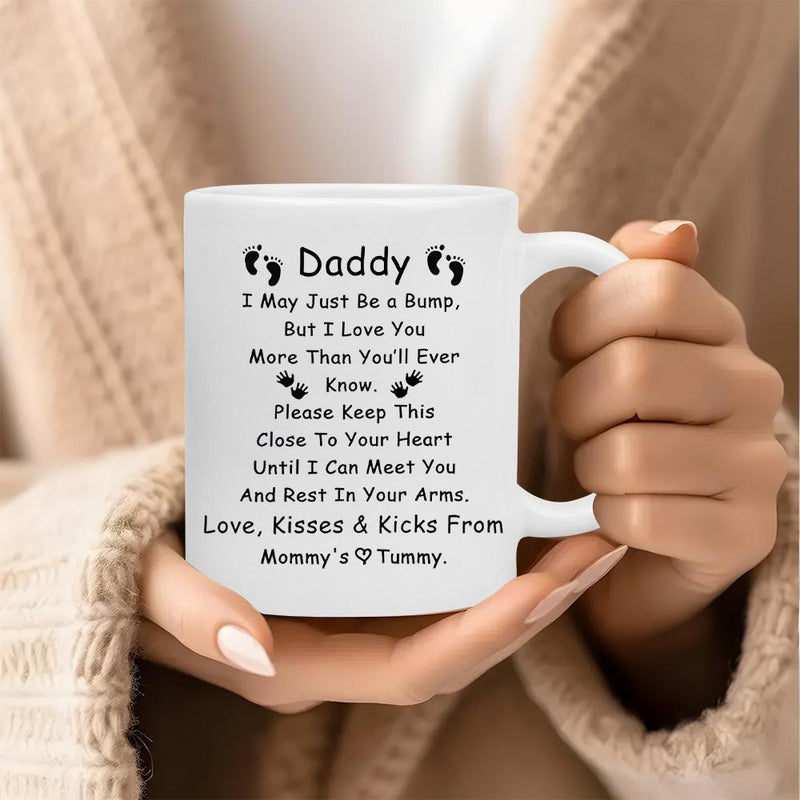 Tailorly White Ceramic 11 oz Mug - Daddy Love From Mommys Tummy Minimalist Black Text With Small Baby Footprints Printed On Smooth Surface Mug