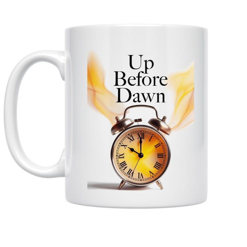 Tailorly White Ceramic 11 oz Mug - Up Before Dawn Vintage Metal Style Glowing Under Warm Morning Light With Artistic Golden Wings Alarm Clock
