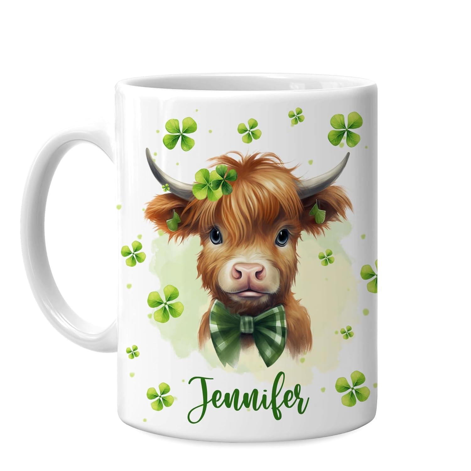 Tailorly White Ceramic 11 oz Mug - Jennifer Adorable Furry Highland Cow Wearing Plaid Bowtie Among Floating Shamrocks Cow