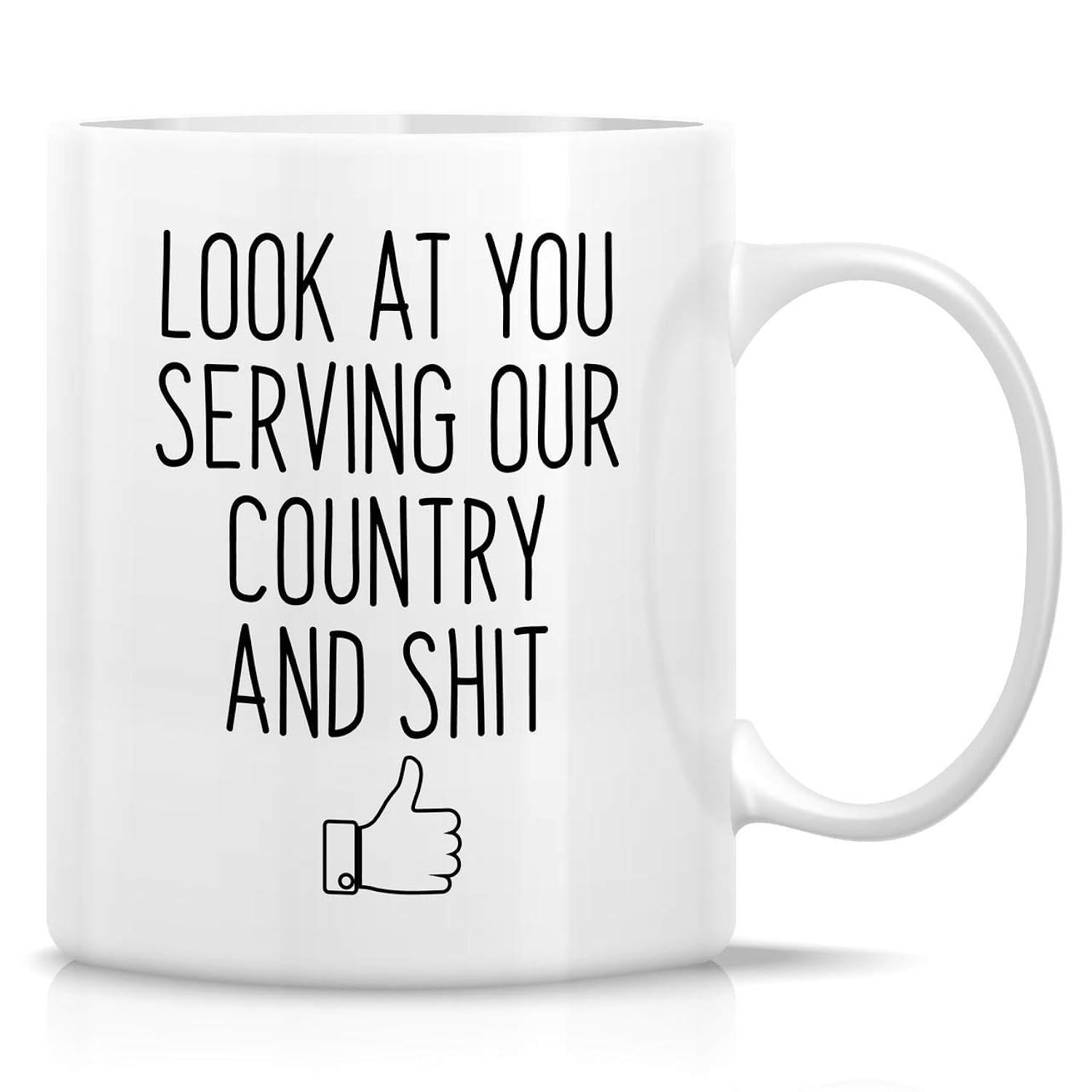 Tailorly White Ceramic 11 oz Mug - Look At You Serving Our Country And Shit Sleek Featuring A Minimalist Thumbs Up Icon Mug