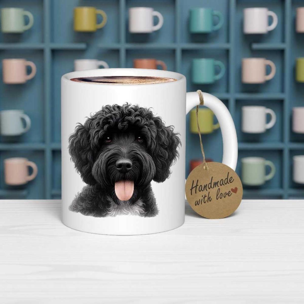 Tailorly White Ceramic 11 oz Mug - Adorable Black Curly Haired Poodle Mix With Friendly Tongue Out Portrait Dog