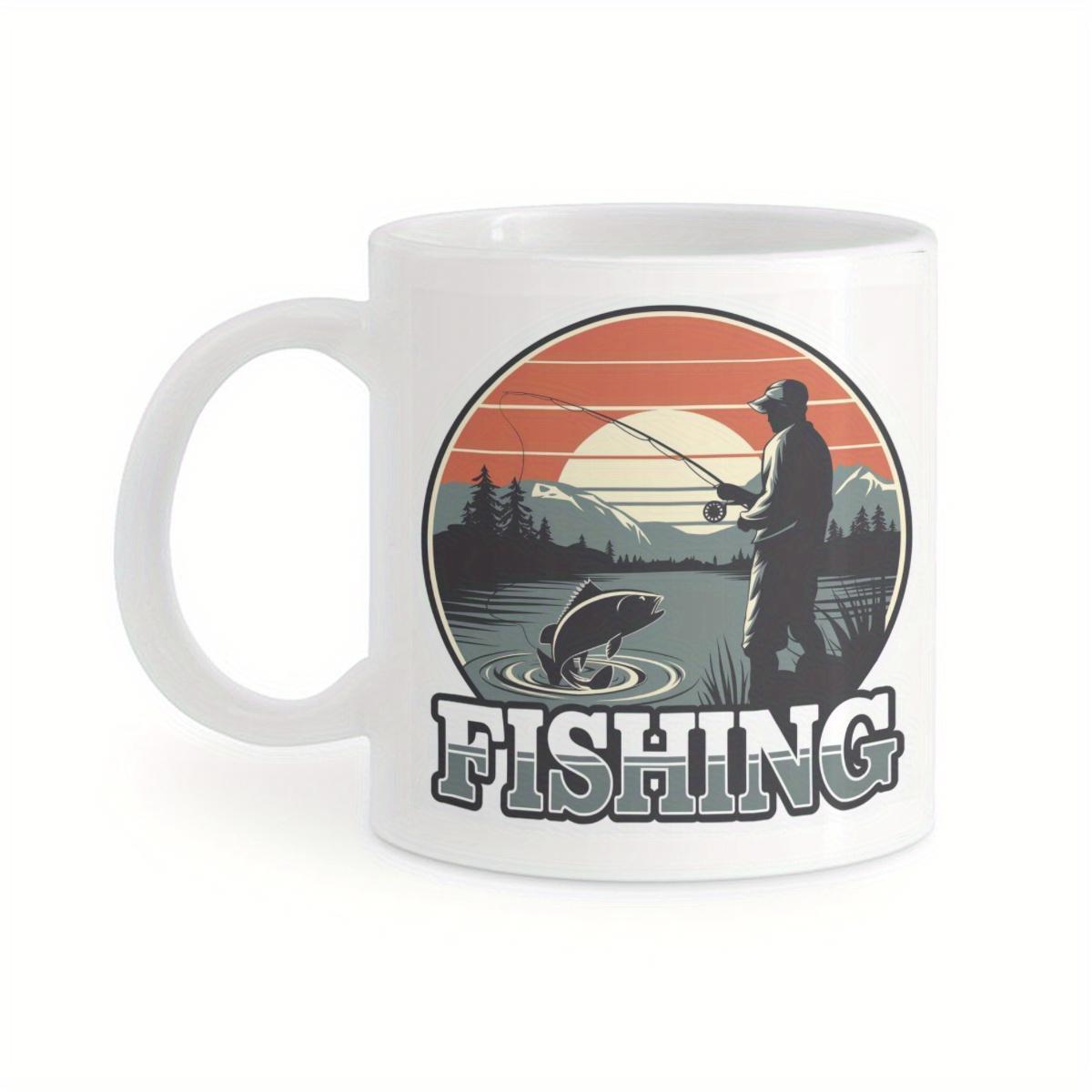 Tailorly White Ceramic 11 oz Mug - Fishing Vintage Retro Sunset Over Mountains With Jumping Bass Near A Solitary Fisherman