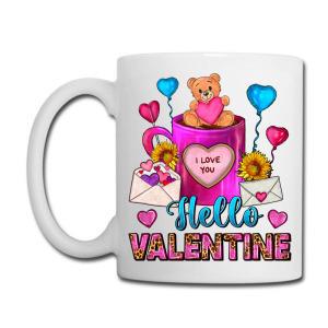Tailorly White Ceramic 11 oz Mug - I Love You Hello Valentine Adorable Teddy Sitting Inside Pink Cup Surrounded By Hearts And Sunflowers Bear