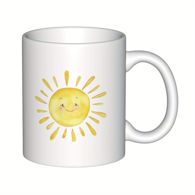 Tailorly White Ceramic 11 oz Mug - Radiant Watercolor Yellow Glowing Rays Encircling A Gentle Hand Painted Happy Sun