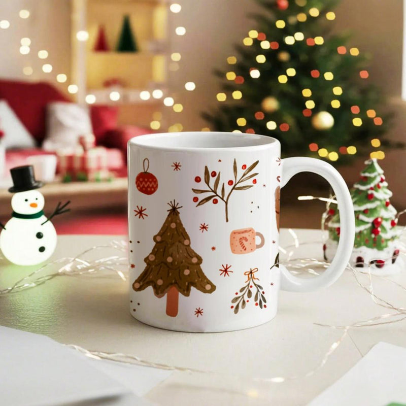 Tailorly White Ceramic 11 oz Mug - Festive Christmas Elements With Hand Drawn Berries Ornaments And Decorated Tree