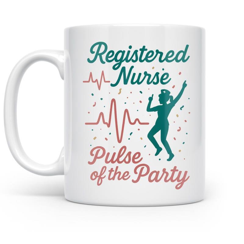 Tailorly White Ceramic 11 oz Mug - Registered Nurse Pulse Of The Party Joyful Dancing Silhouette Among Heartbeat Lines And Floating Colorful Festive Confetti Nurse