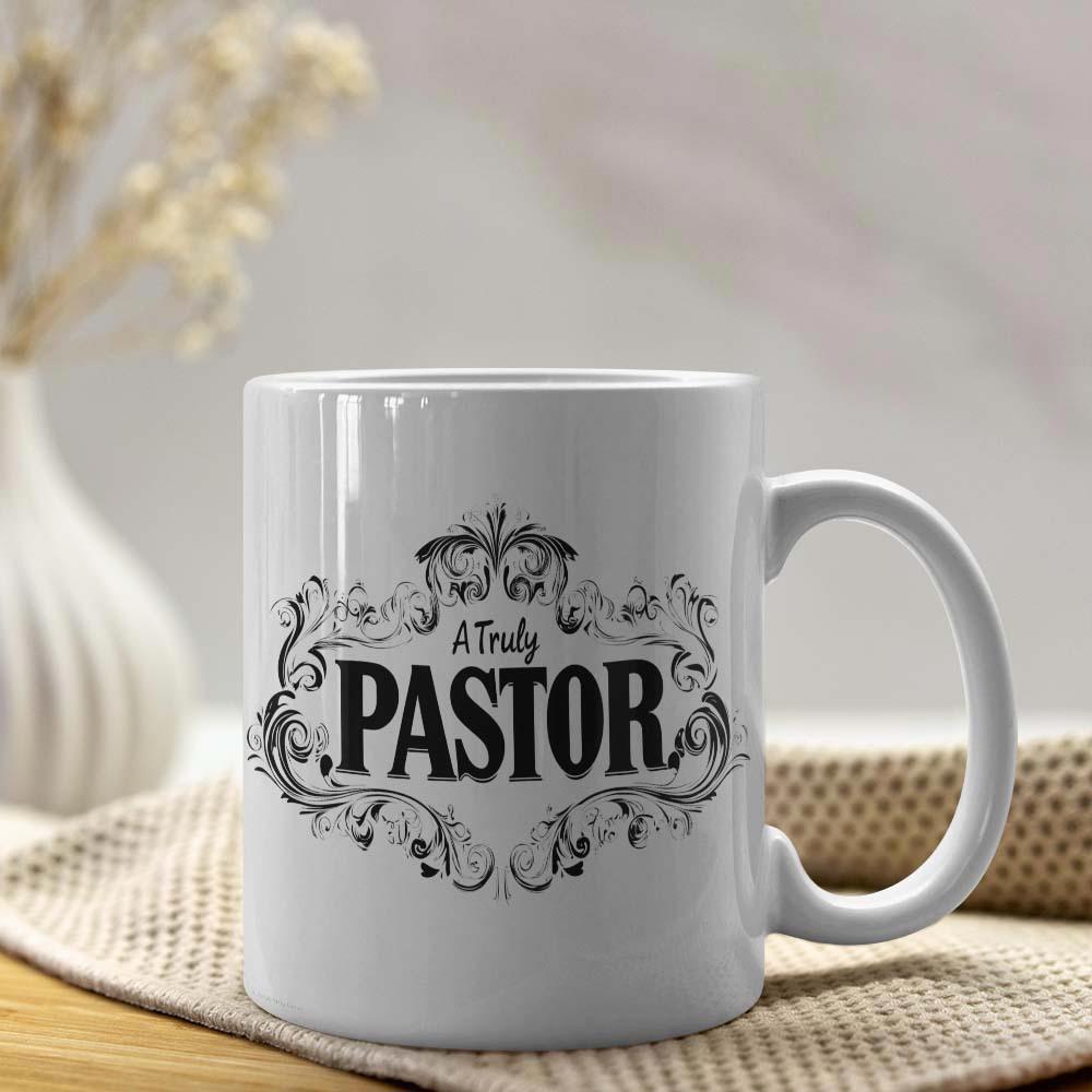 Tailorly White Ceramic 11 oz Mug - A Truly Pastor Elegant Intricate Vintage Flourish Border Design Surrounding Classic Black Lettering Sign