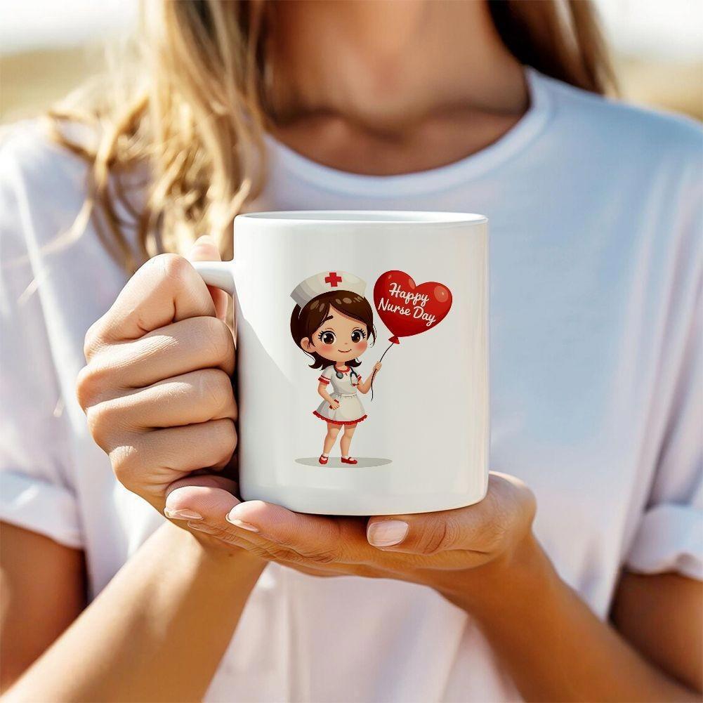 Tailorly White Ceramic 11 oz Mug - Happy Nurse Day Adorable Chibi Girl Wearing Uniform Holding A Red Heart Shaped Balloon Nurse