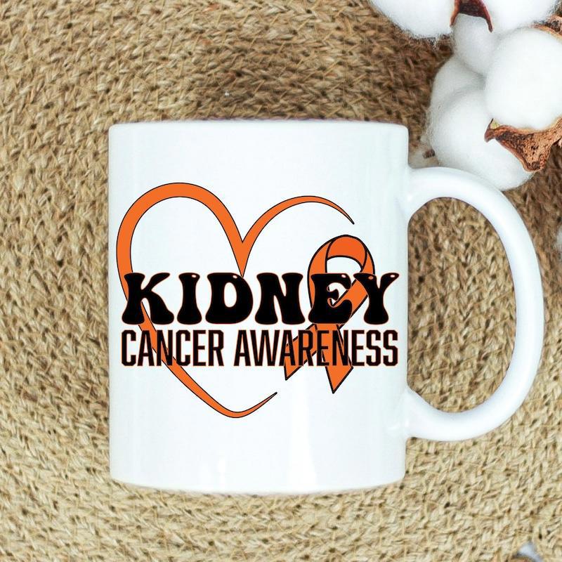 Tailorly White Ceramic 11 oz Mug - Kidney Cancer Awareness Large Orange Heart Outline Featuring A Hopeful Supportive Awareness Ribbon