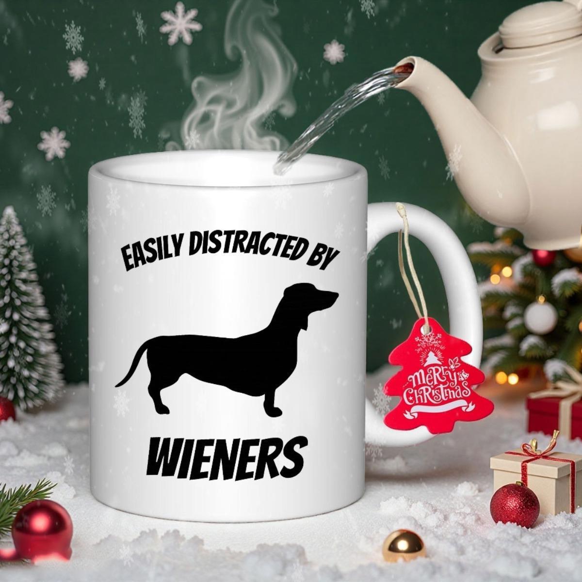 Tailorly White Ceramic 11 oz Mug - Easily Distracted By Wieners Minimalist Black Silhouette Of A Long Body Dog Dachshund