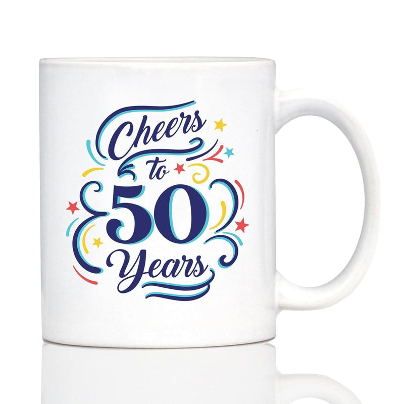 Tailorly White Ceramic 11 oz Mug - Cheers To 50 Years Decorative Swirls With Stars And Colorful Dots Around Festive Numerals Mug