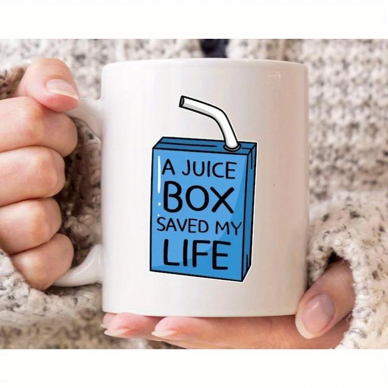 Tailorly White Ceramic 11 oz Mug - A Juice Box Saved My Life Simple Blue Cartoon Style Drink Carton With Straw Juice Box