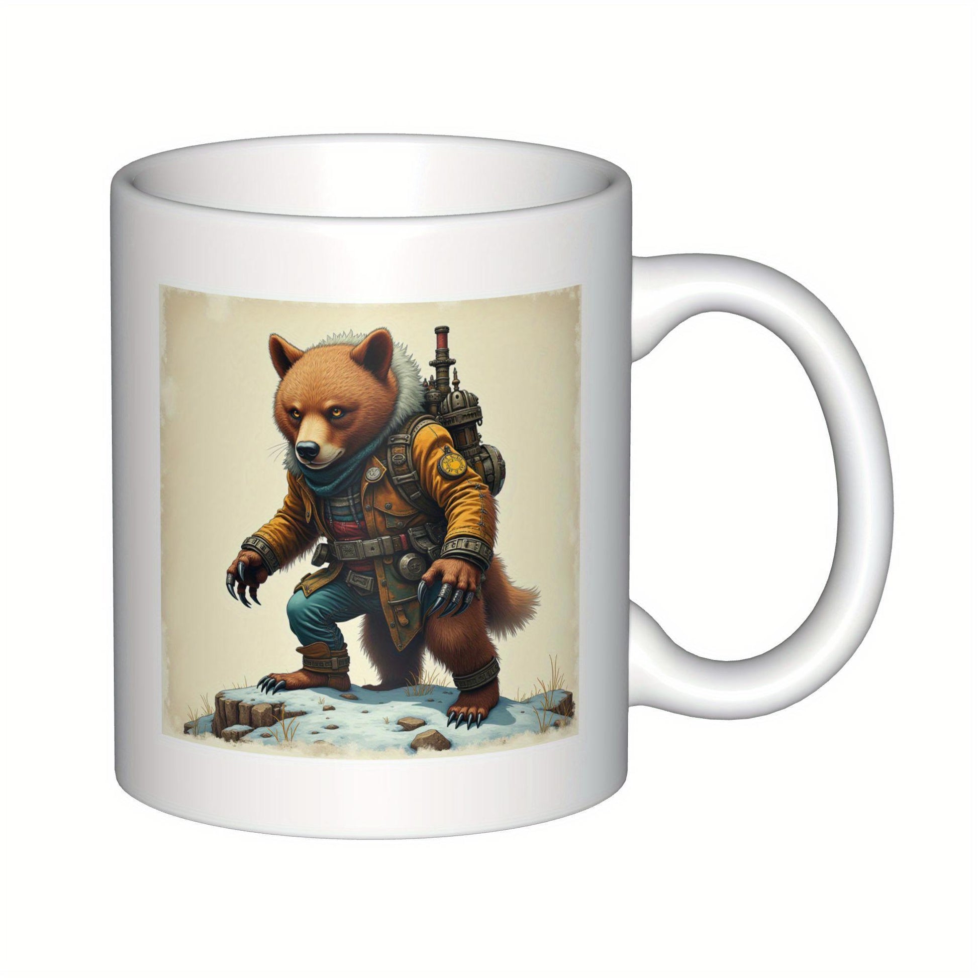 Tailorly White Ceramic 11 oz Mug - Tactical Brown Bear Warrior Standing On Snowy Rocks Wearing Detailed Scout Gear Bear
