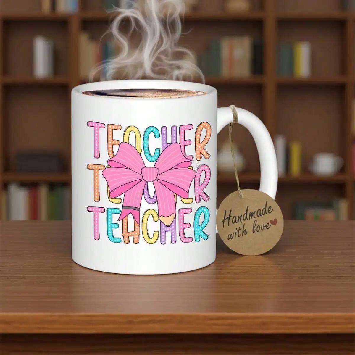 Tailorly White Ceramic 11 oz Mug - Teacher Handmade With Love Large Pink Ribbon Bow Featuring Pencil Details On