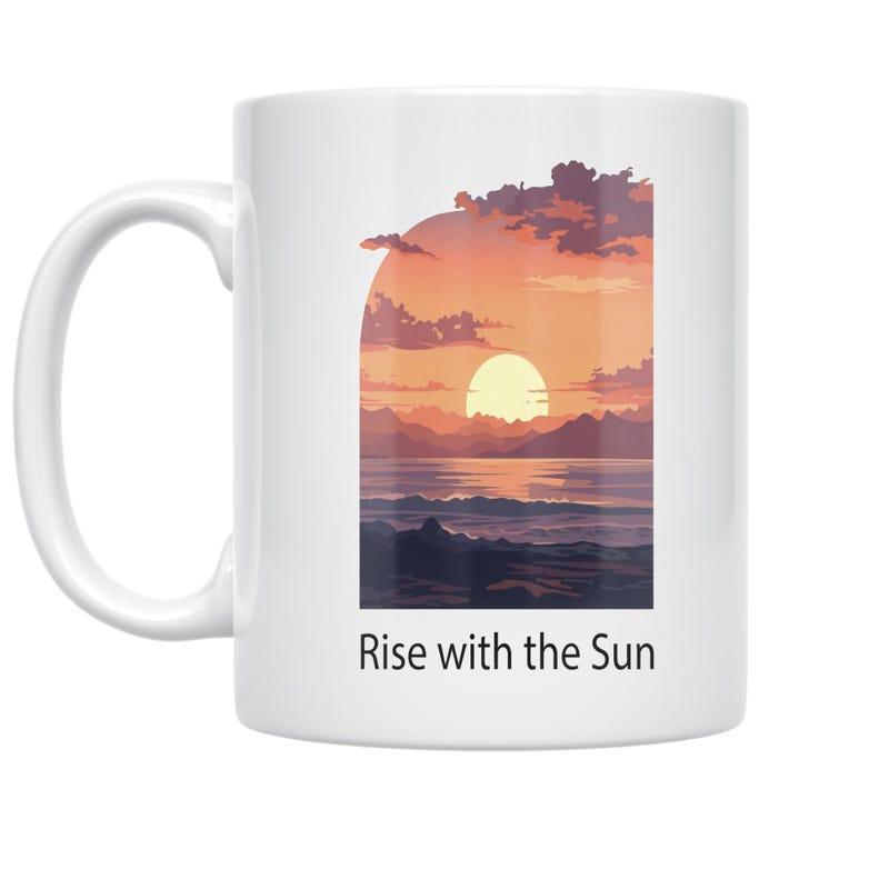 Tailorly White Ceramic 11 oz Mug - Rise With The Sun Beautiful Orange Glow Reflected Over Calm Water Among Distant Mountains Sun