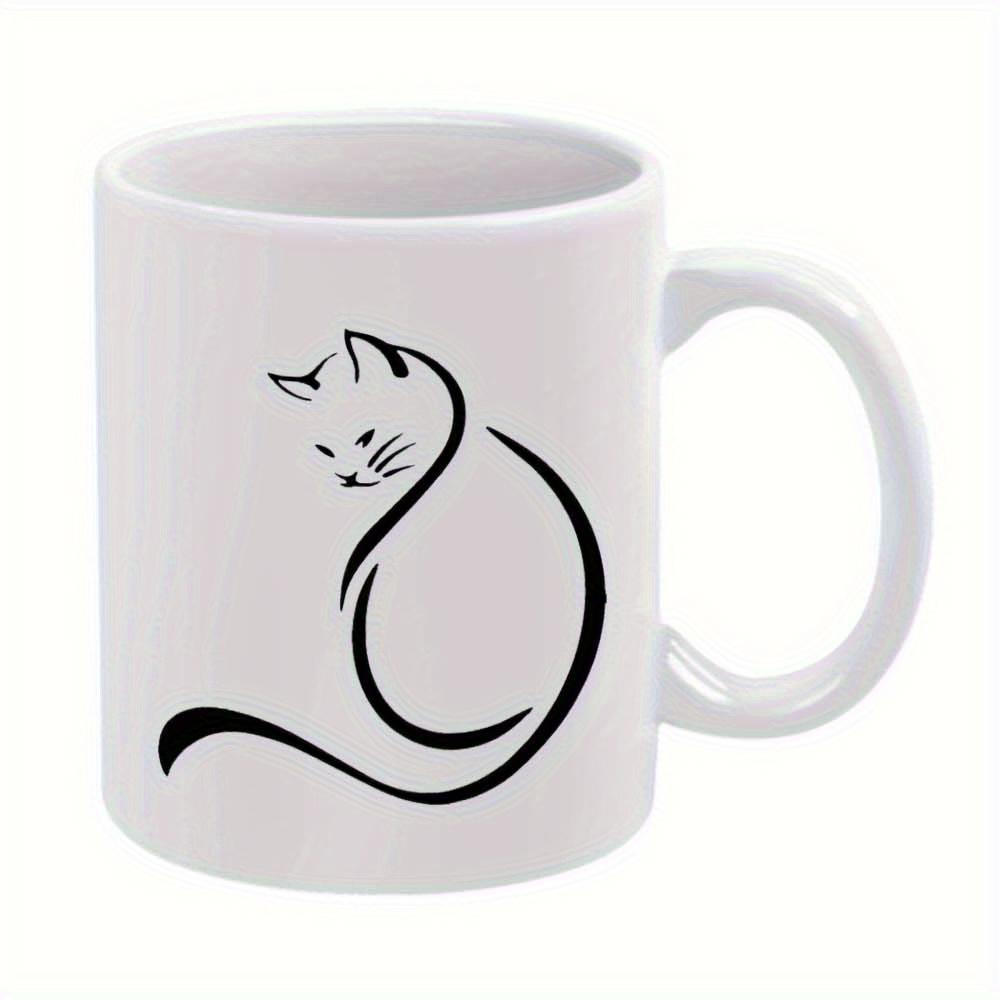 Tailorly White Ceramic 11 oz Mug - Minimalist Black Line Art Silhouette With Elegant Curvy Brush Strokes Cat
