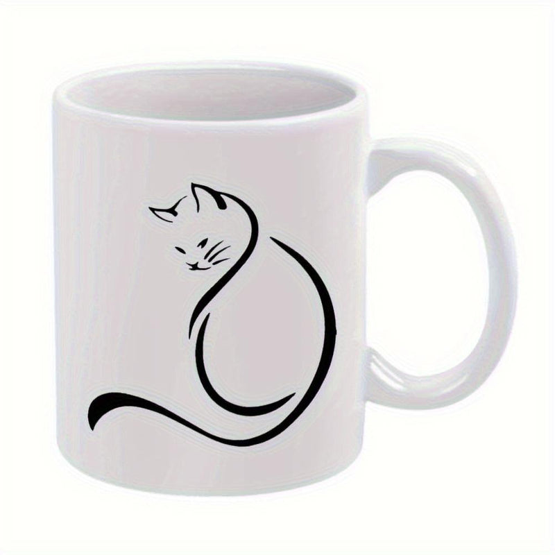 Tailorly White Ceramic 11 oz Mug - Minimalist Black Line Art Silhouette With Elegant Curvy Brush Strokes Cat