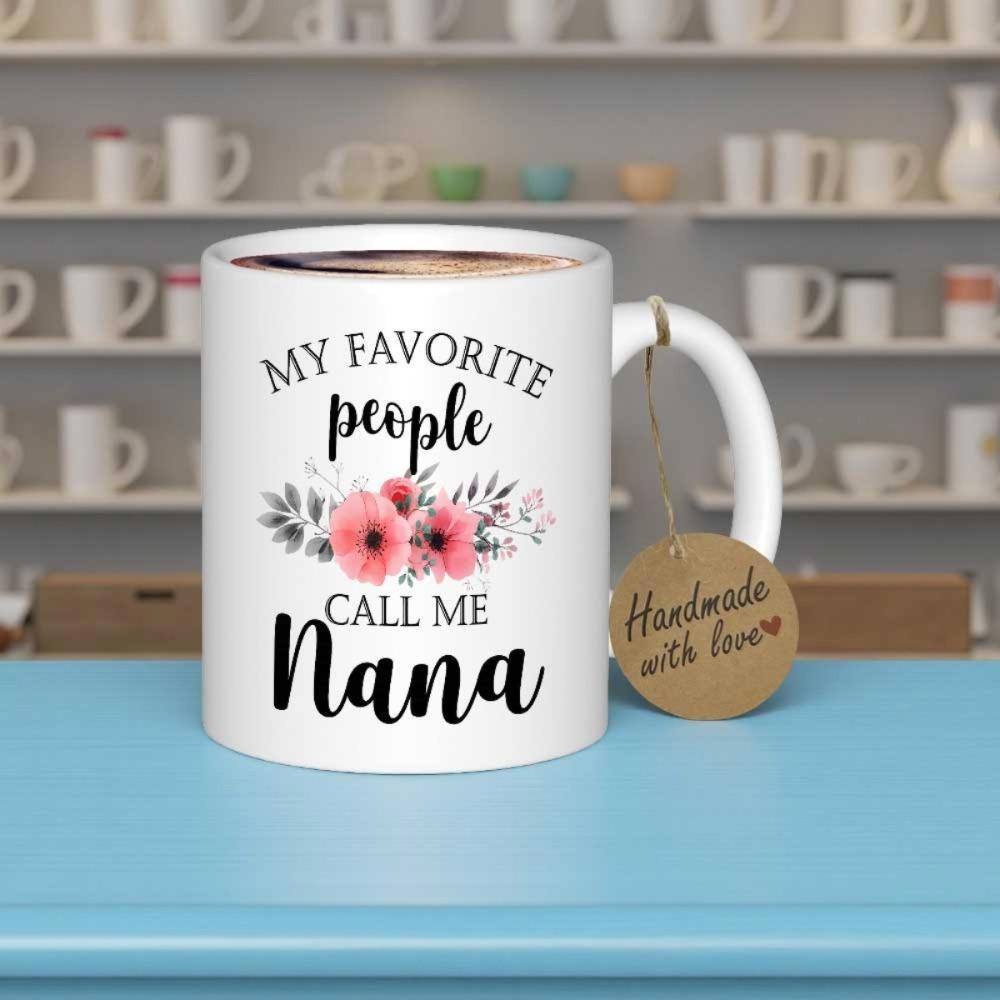 Tailorly White Ceramic 11 oz Mug - My Favorite People Call Me Nana Soft Pink Blossoms Nestled Among Delicate Grey Decorative Leaves With Calligraphy Flower