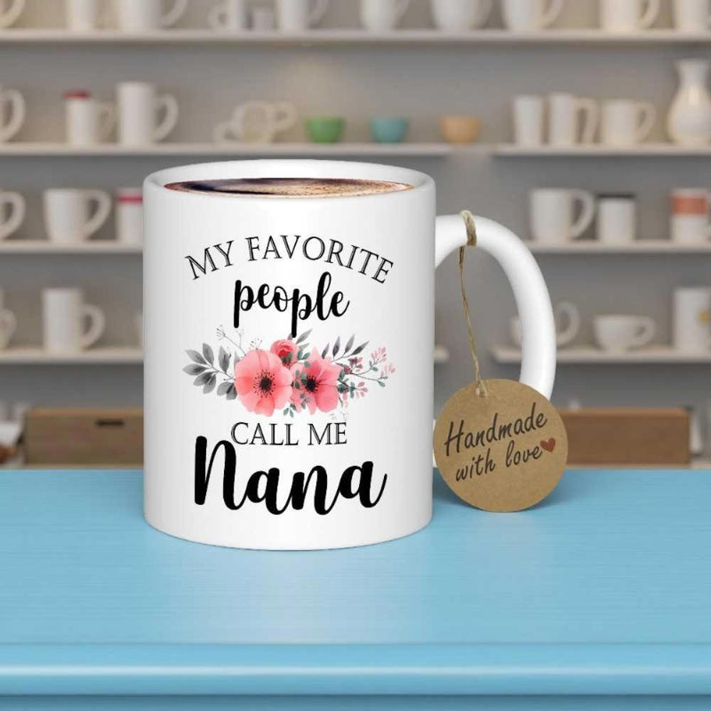 Tailorly White Ceramic 11 oz Mug - My Favorite People Call Me Nana Soft Pink Blossoms Nestled Among Delicate Grey Decorative Leaves With Calligraphy Flower