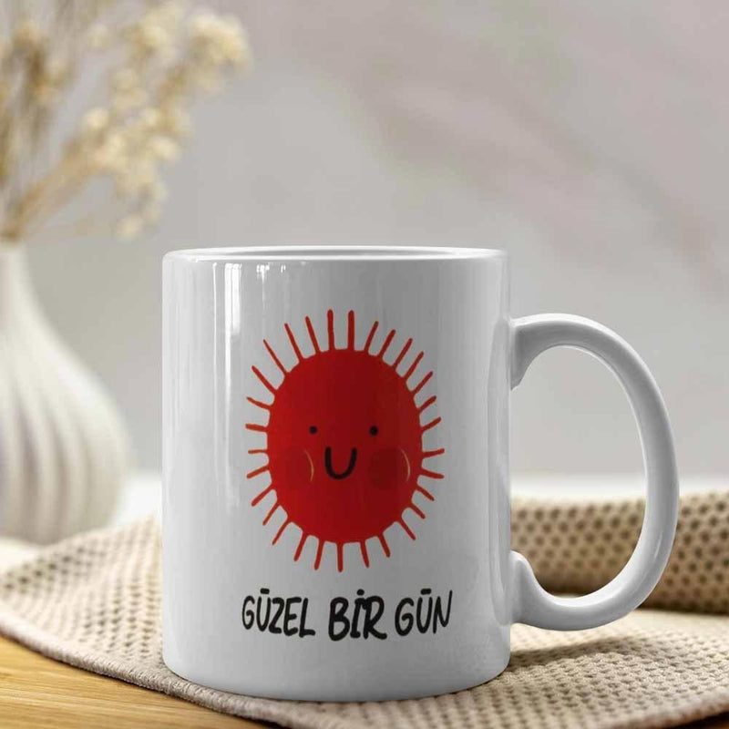 Tailorly White Ceramic 11 oz Mug - Minimalist Vibrant Red Smiling Face Surrounded By Linear Rays Of Light Sun