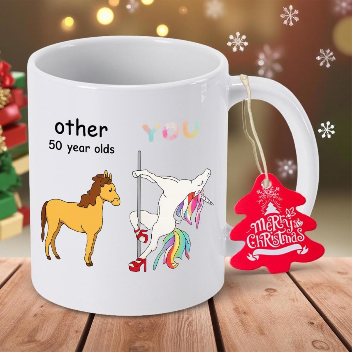 Tailorly White Ceramic 11 oz Mug - Other 50 Year Olds You Funny White Unicorn With Rainbow Mane Dancing On A Silver Pole Unicorn