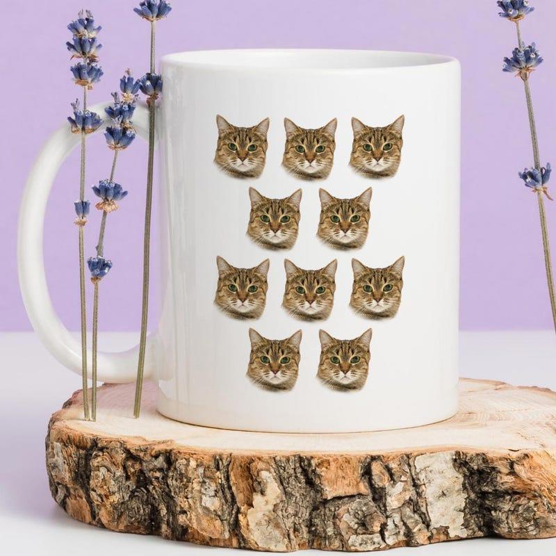 Tailorly White Ceramic 11 oz Mug - Multiple Repetitive Brown Tabby Cat Faces Arranged In A Grid Cat
