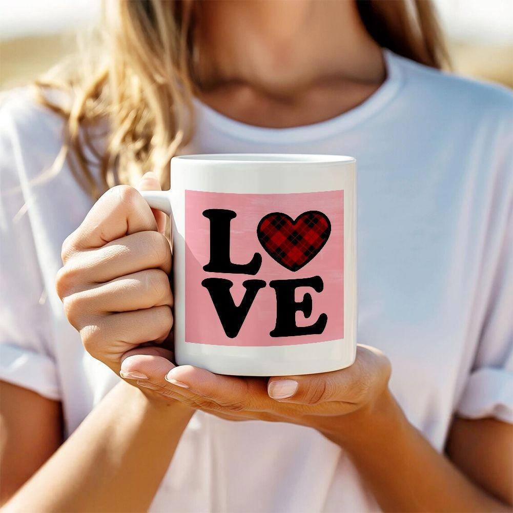 Tailorly White Ceramic 11 oz Mug - Love Bold Lettering With A Red And Black Checkered Heart