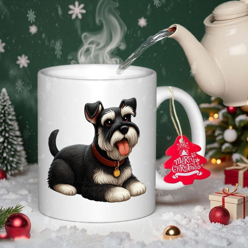 Tailorly White Ceramic 11 oz Mug - Merry Christmas Adorable Cartoon Miniature Schnauzer Sitting Gracefully Amidst Festive Holiday Winter Snow Scene Schnauzer